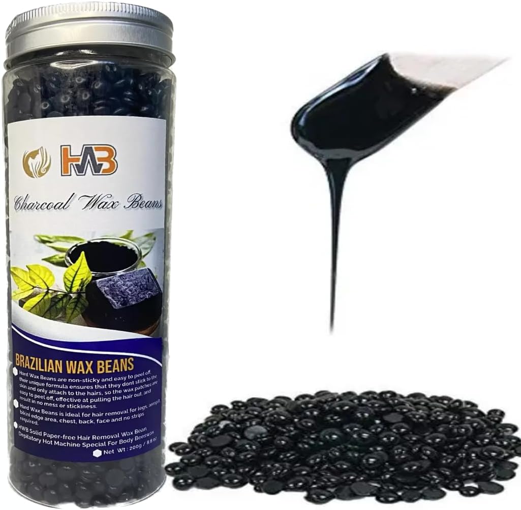 HWB Hard Wax Beans For Painless Hair Removal, Brazilian Waxing for Face, Back Chest, Bikni Areas, Legs At Home 200g (10 Oz) bag (Black Charcoal)