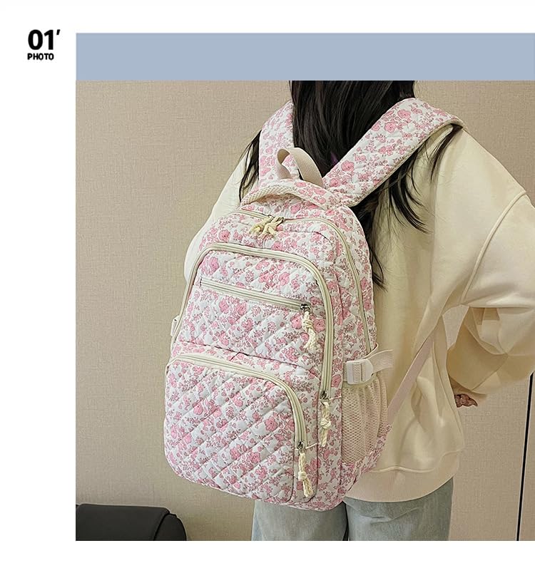 Floral print backpack - campus style, feminine, fresh and lovely, travel bag, Korean version, large capacity, suitable for spring outings, also a mommy bag. (Pink)3