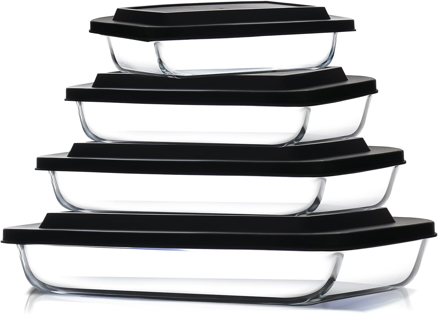 8-Piece Deep Glass Casserole Dishes for Oven with Plastic Lids, Glass Baking Dishes for Oven, Rectangular Bakeware for Lasagna, Cooking, Leftovers, Kitchen, Freezer to Oven Dishwasher Safe