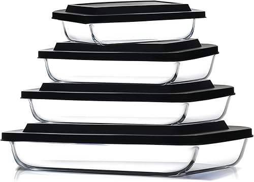 Eatex Cacerola de vidrio profundo de 8 piezas para horno con tapas de plástico, platos de vidrio para horno, utensilios rectangulares para hornear