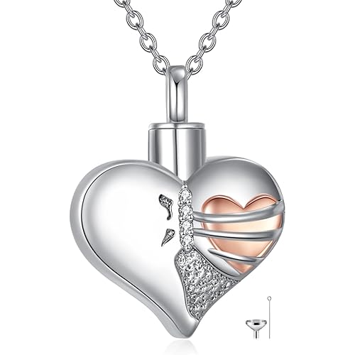 Diamond Heart Urn Necklace for Ashes 925 Sterling Silver Heart Urn Holder Pendant Keepsake Cremation with Funnel Filler Memorial Jewelry Gifts for Human Pet Women Mom Wife Grandma,18+2 inch