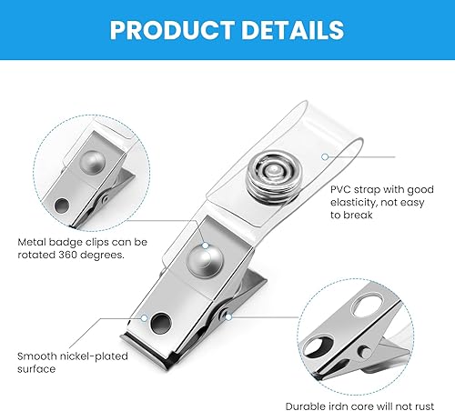 Miniatura 3 de Easytle 30 clips de metal para insignias con correas de PVC transparente, clip para correa de identificación, doble agujero, clips de identificación