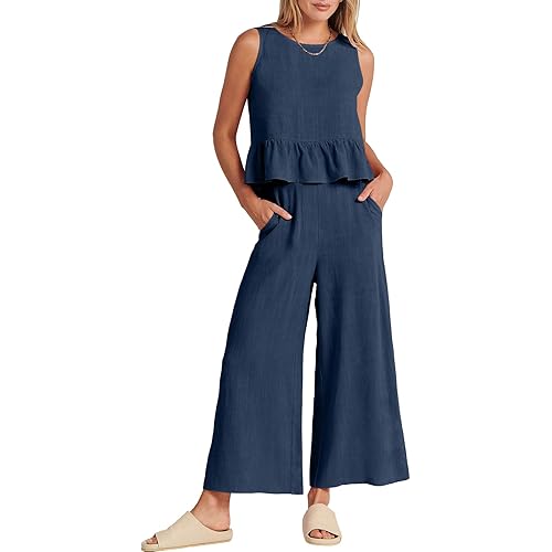ANRABESS Women Summer 2 Piece Outfits Sleeveless Tank Crop Top Wide Leg Pants Linen Jumpsuits Lounge Matching Beach Sets