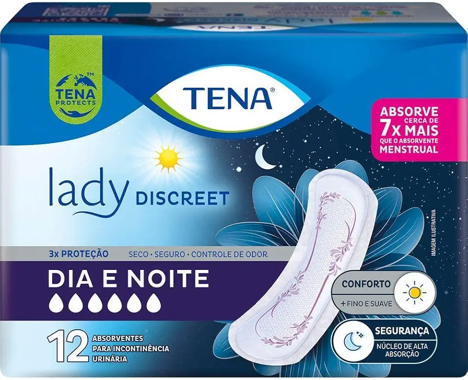 Tena Lady Discreet, Absorvente para Incontinência Urinária Moderada, Dia e Noite, sem abas - 12 unidades