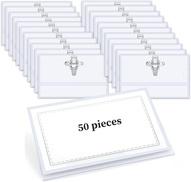 50 pcs Name Badges with Clip and Pin, Clear Name Badge Holders Plastic ID Name Badge for School Office Conference(9 * 5.6cm)