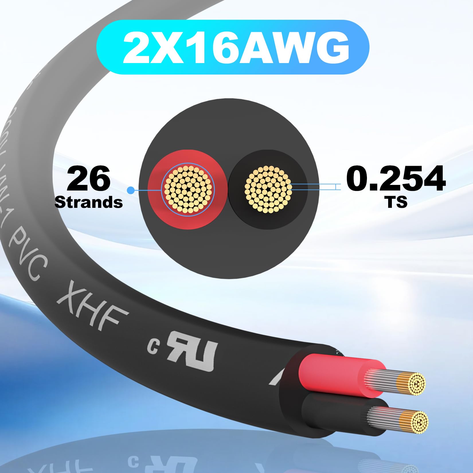 XHF Cable eléctrico de calibre 16 con certificación UL, 2 conductores, cable eléctrico de cobre estañado trenzado de PVC para cable de lámpara automotriz 16/2, cable marino RV de 200 pies