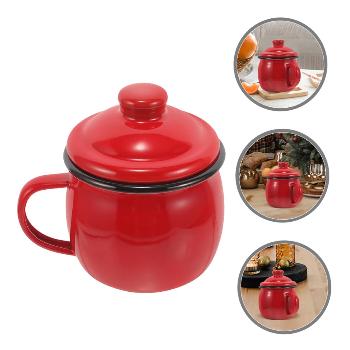 Vintage Emaillebecher 2 Stück 580ml mit Deckel Rot Halloween Geschenkideen | Emaille, Mikrowellengeeignet, Glatte Oberfläche, Robust, für Reise und Büro, Einfach zu Tragen