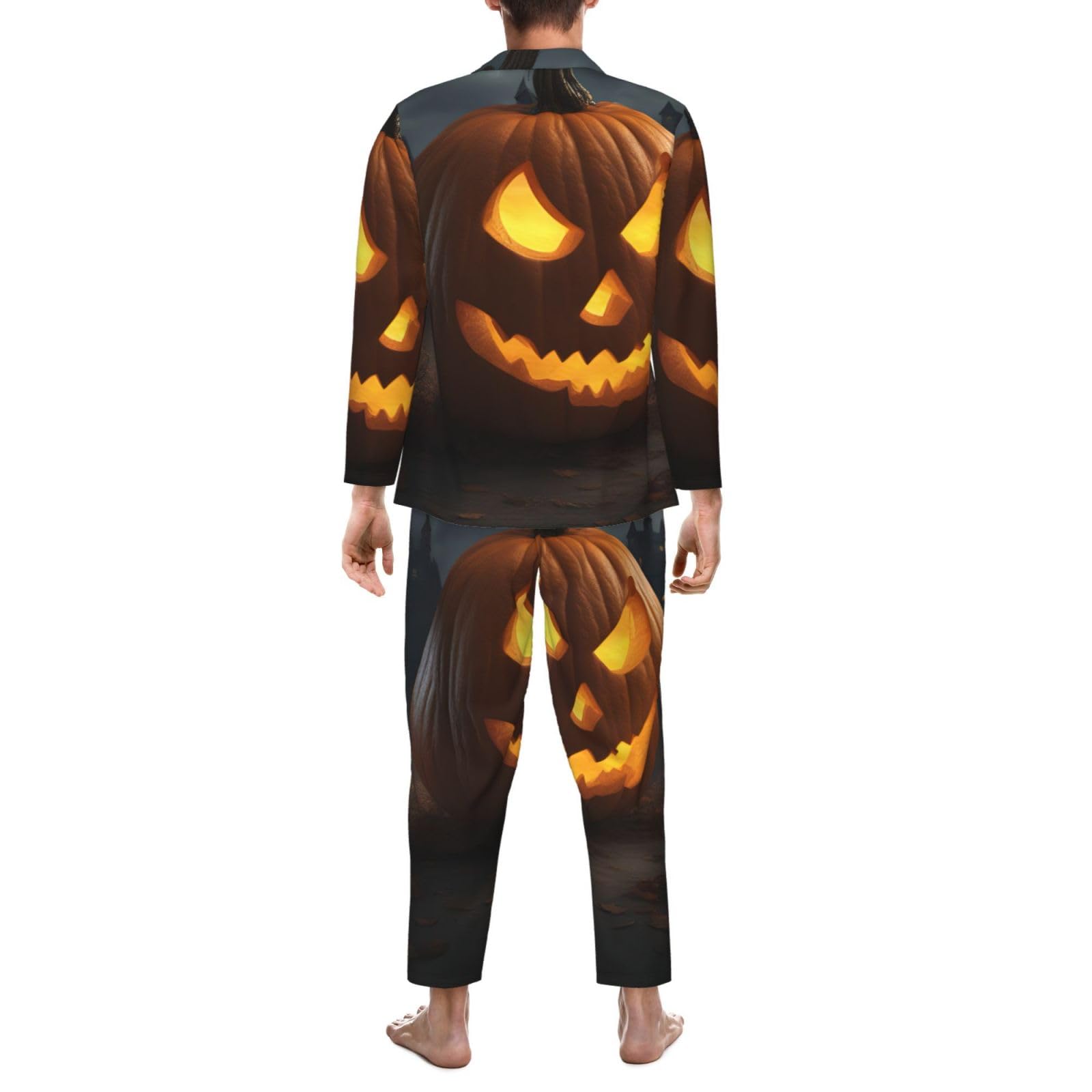 Halloween-Pyjama-Set für Herren, langärmlig, zweiteilig, bequem, Nachtwäsche, mit Kürbismuster