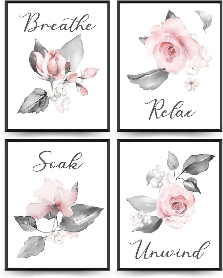 Pink Floral Picture Wall Art Pink Botanical Plant Leaves Painting Set of 4 Background Canvas Art for Bathroom, Unframed (40x60cm)