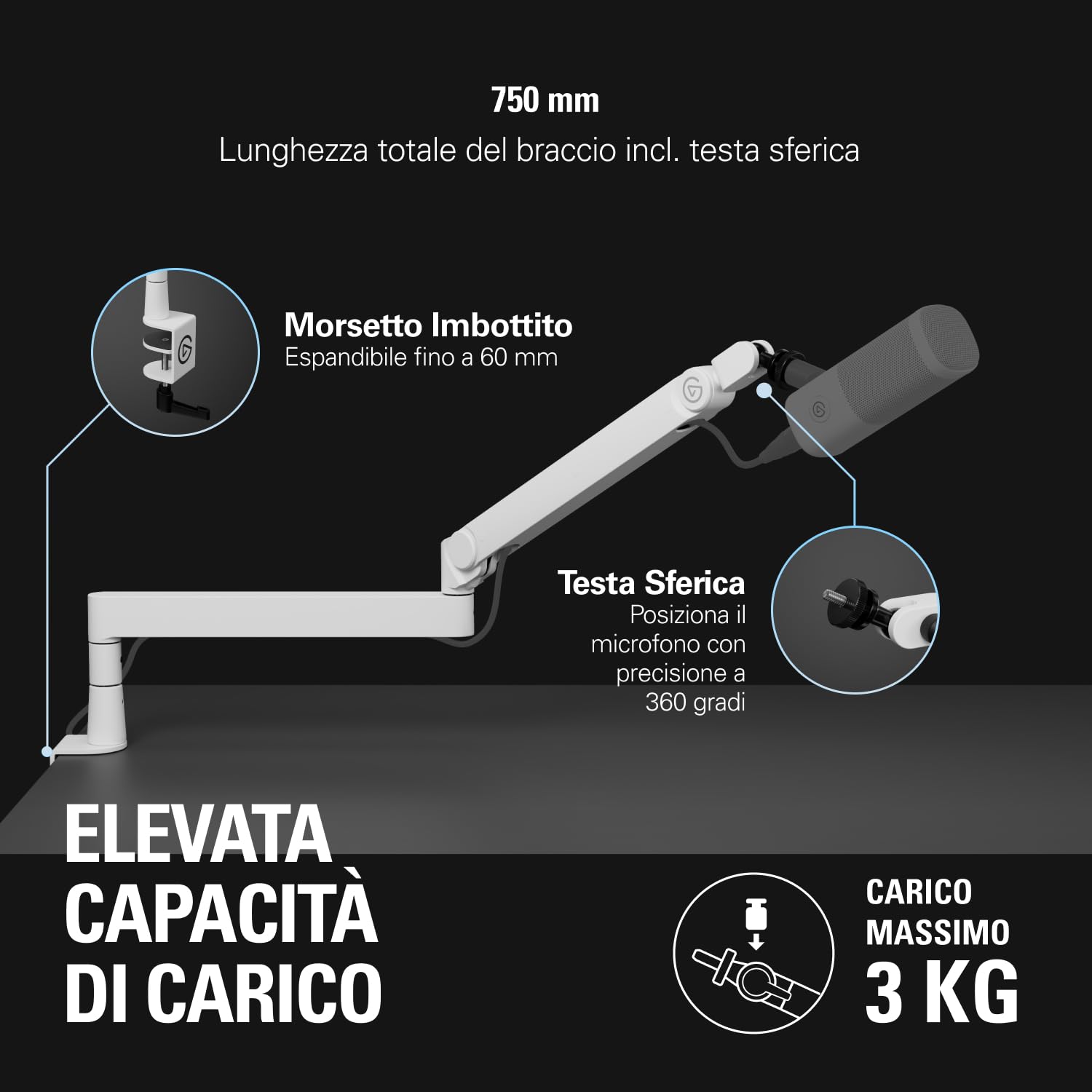 Elgato Wave Mic Arm Pro White - Braccio per Microfono a Profilo Basso Girevole a 360° con Molla a Gas, Compatibile con Microfoni Elgato/Shure SM7B/Rode/Blue Yeti & altri – Per Trasmissione/Podcast