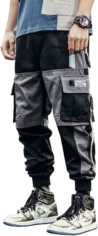 Astellarie Mens Punk Cargo Pants Hip-hop Jogger Patchwork Popular Baggy Teachwear Pants