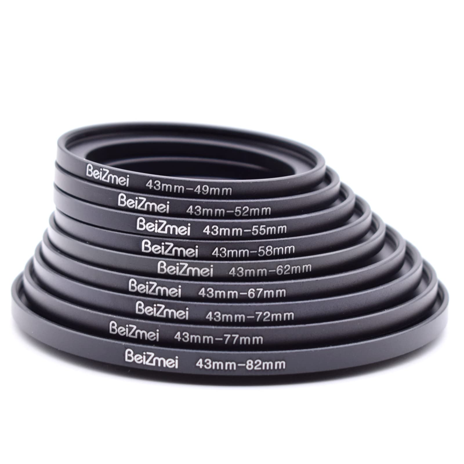 Lot de 9 anneaux de filtre pour appareil photo de 43mm,compatible avec objectif 43mm,43-49/43-52/43-55/43-58/43-62/43-67/43-72/43-77/43-82. Aluminium anodisé CNC (43mm Step-Up Anneaux)