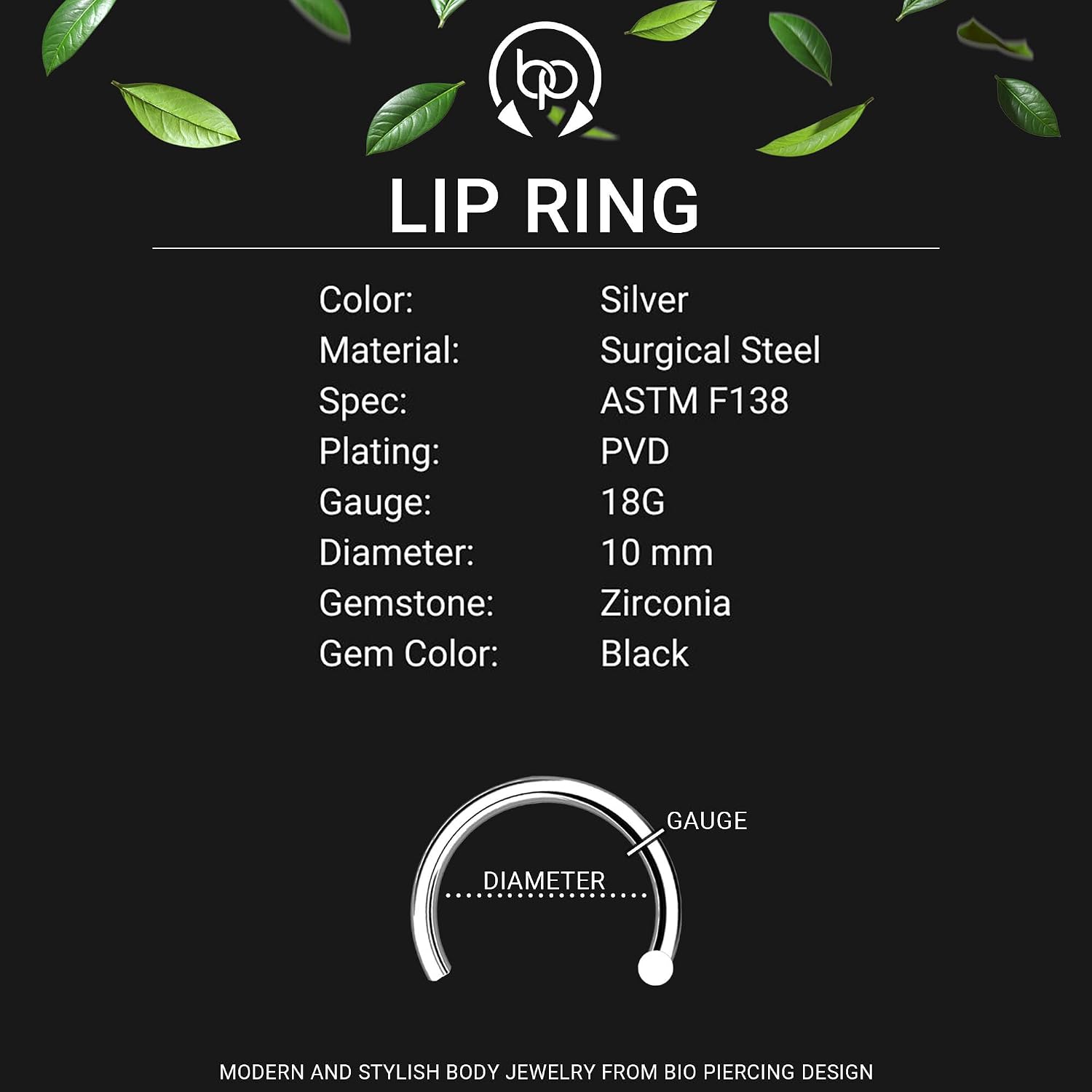 Surgical Steel Lip Ring with Flying Heart and CZ, Non-Piercing Ring Fake Piercing Labret Lip Fashion Chic Hugger