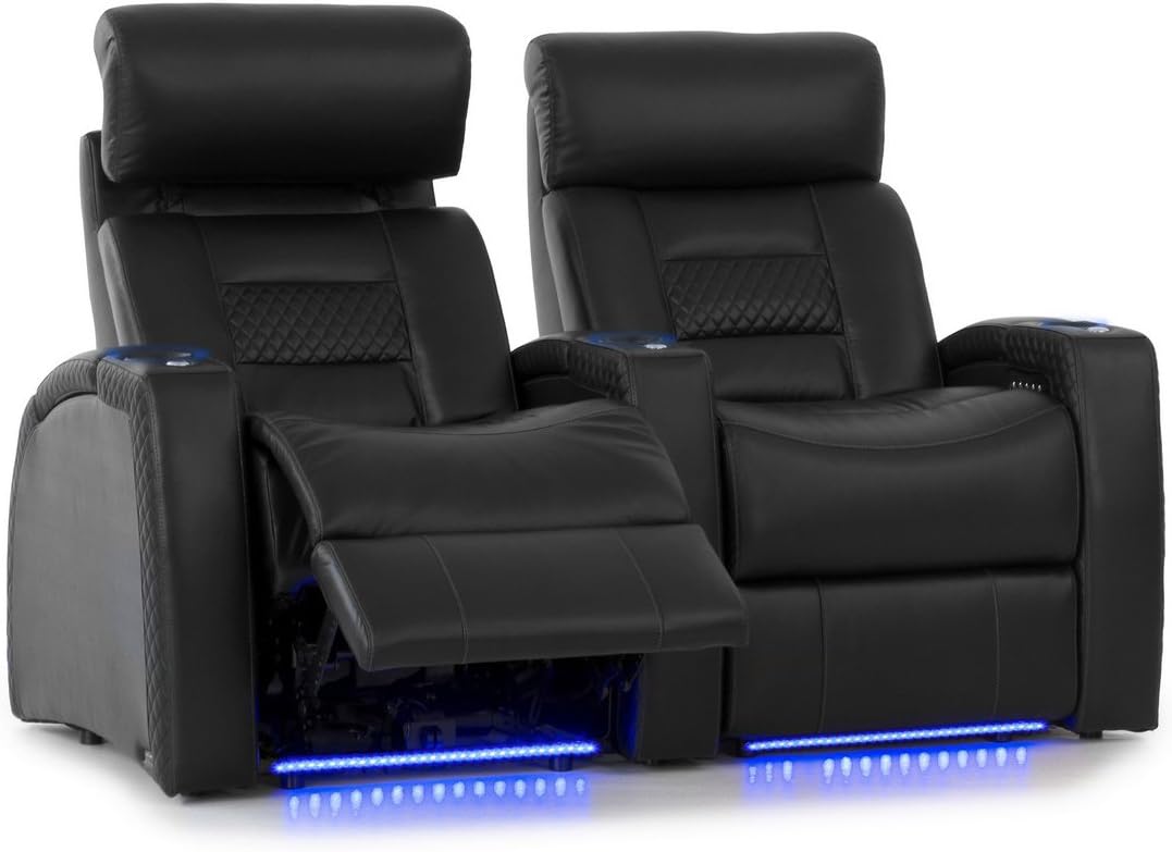 Flex HR Series - Octane Seating - Home Stadium Seating - Black Top Grain Leather - Power Recline - Motorized Headrest - Lighted Cup Holders - Straight Row 2 : Home & Kitchen
