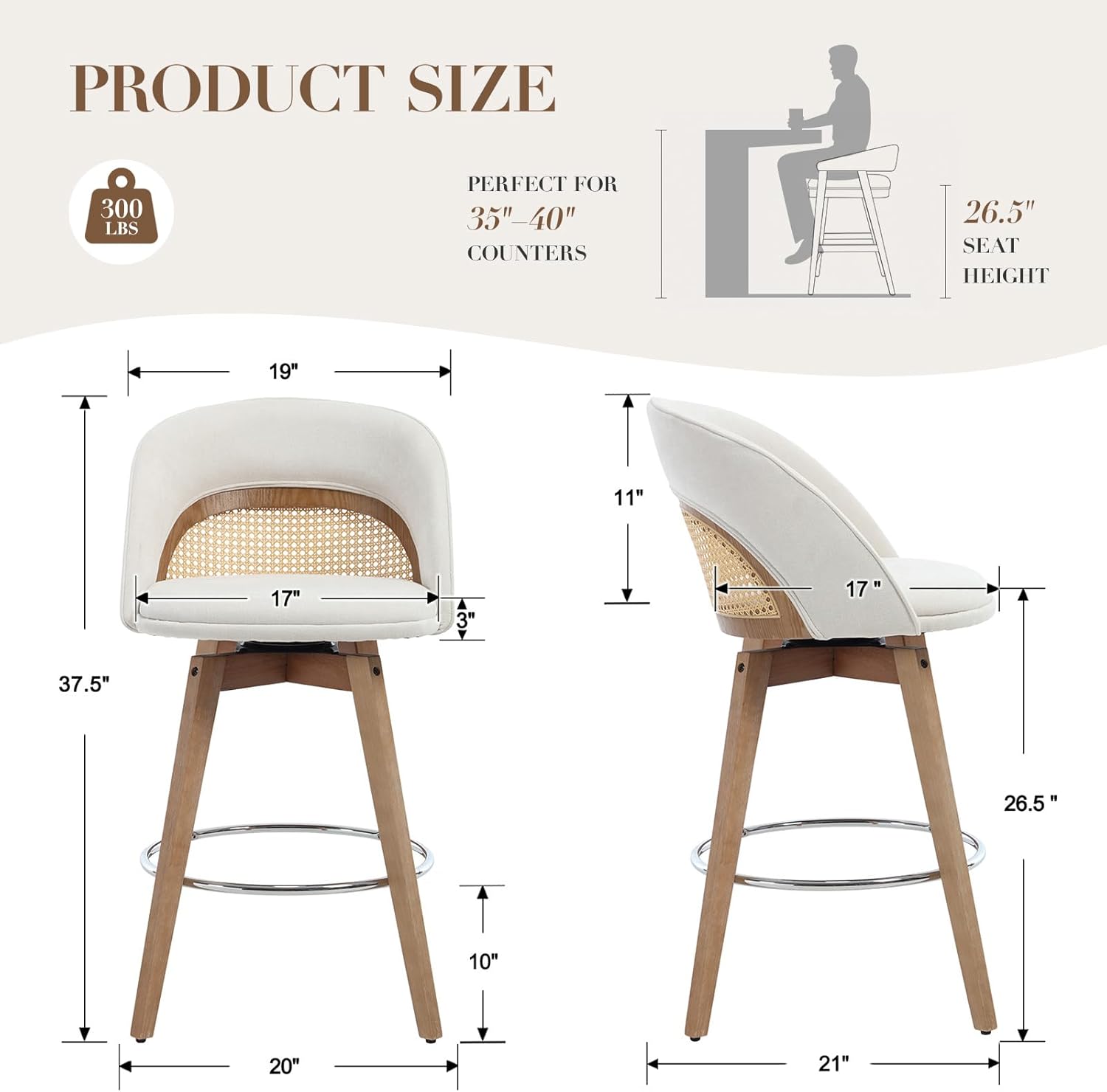 Ya-Home Modern Swivel Bar Stools Set of 2, 26.5” Counter Height Barstools Chenille Upholstered Counter Stools with Curved Back/Sliver Metal Footrest Bar Chairs for Kitchen Island/Home Bar, Beige