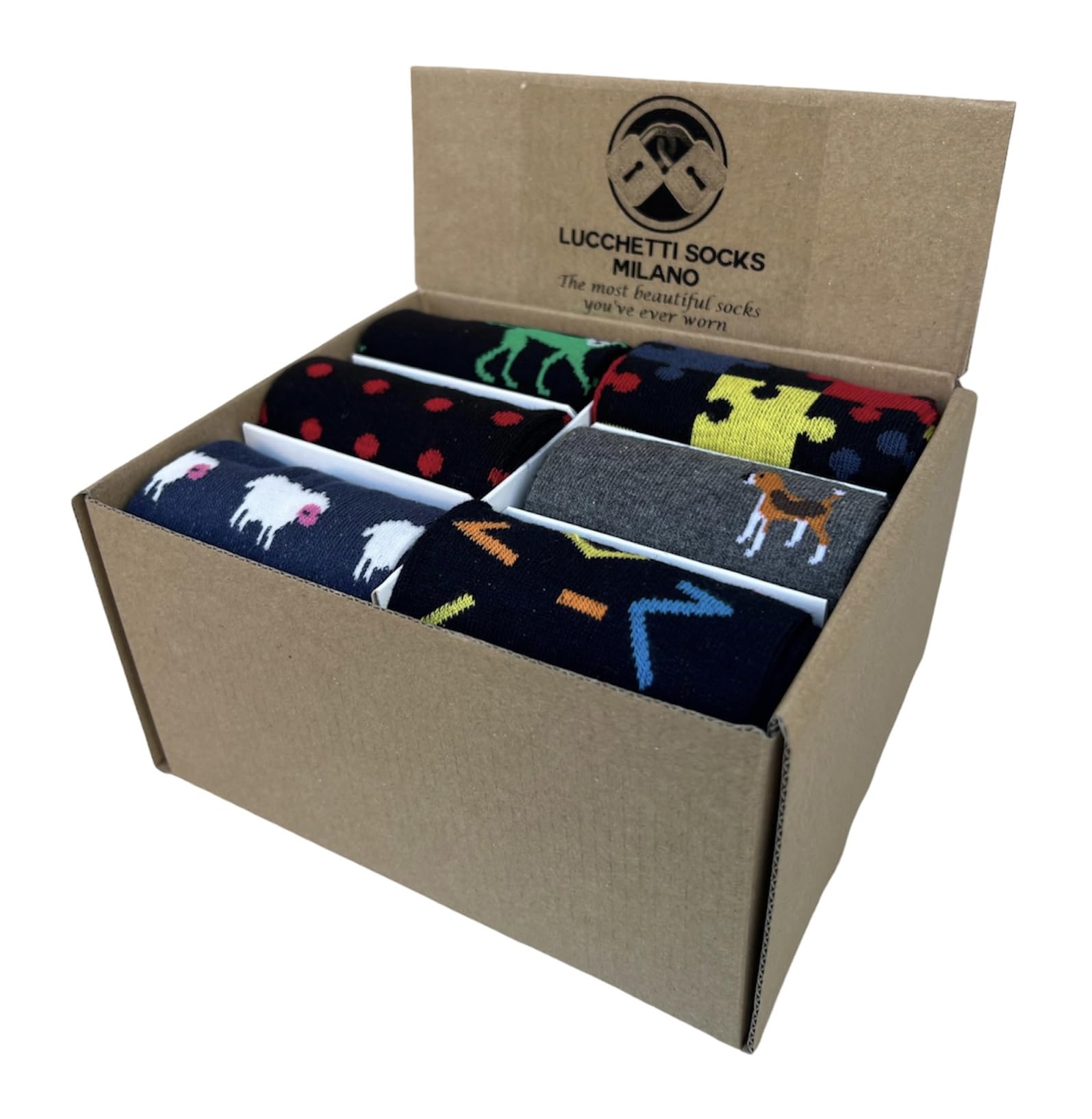 Lucchetti Socks Milano Set mit 6 Paar Herren-Socken, lang, warm, aus Baumwolle, bunt, gepunktet, Muster Fashion, hergestellt in Italien