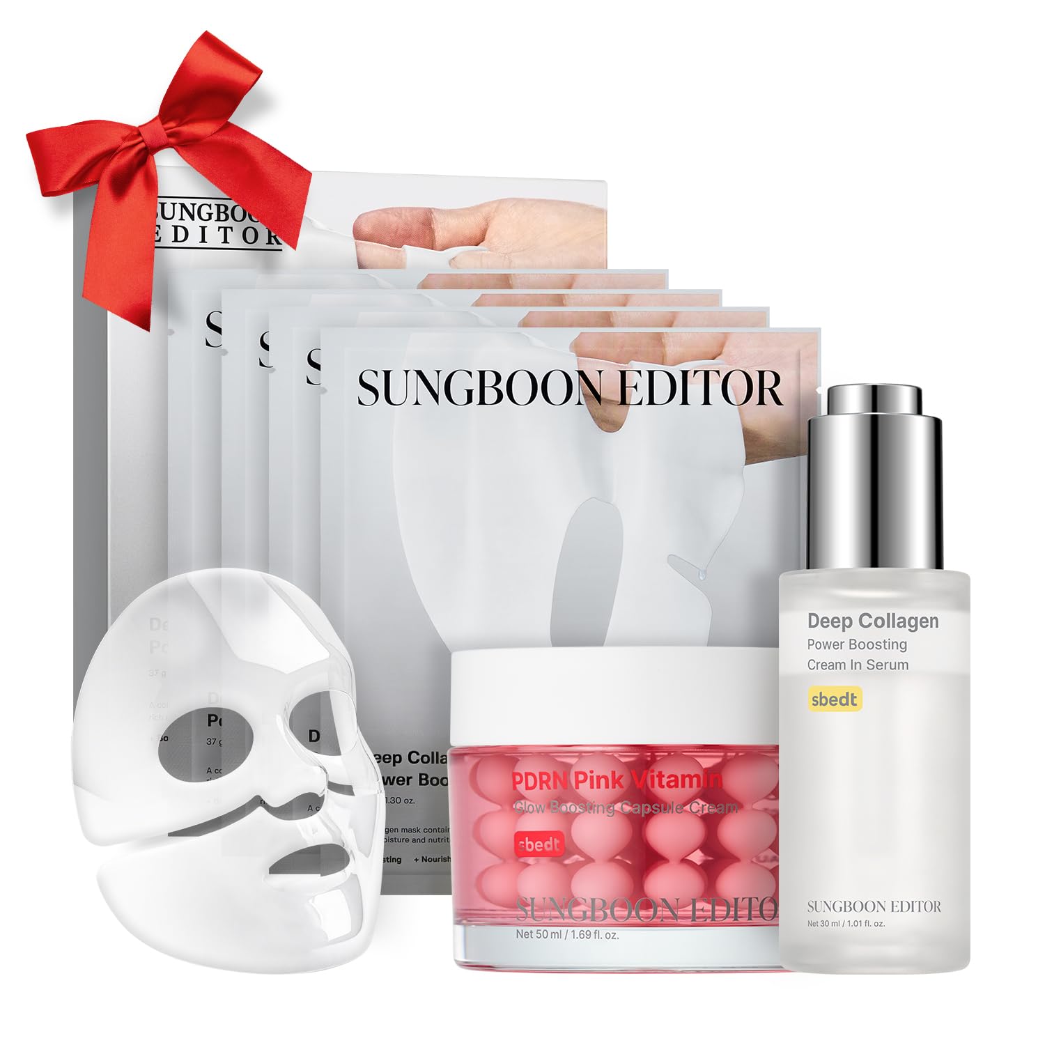 SUNGBOON EDITOR Firm-Looking Pink Glow Trio Set, Boosting Mask 4 Count + Deep Collagen Serum + PDRN Capsule Cream, Korean Skincare Gift Set for Women