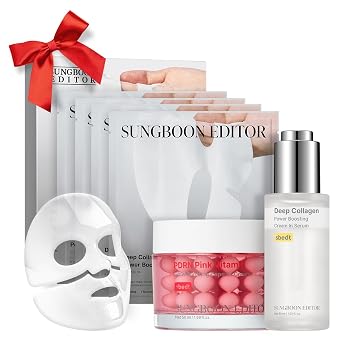 SUNGBOON EDITOR Firm-Looking Pink Glow Trio Set, Boosting Mask 4 Count + Deep Collagen Serum + PDRN Capsule Cream, Korean Skincare Gift Set for Women