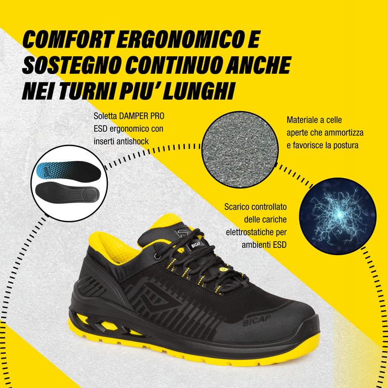 Bicap Aikido S3S - Zapatos de seguridad para hombre y mujer, puntera de aluminio, lámina de cero perforación, suela de poliuretano Bidensity, soporte BI-equilibrado, transpirable, ligero, sector
