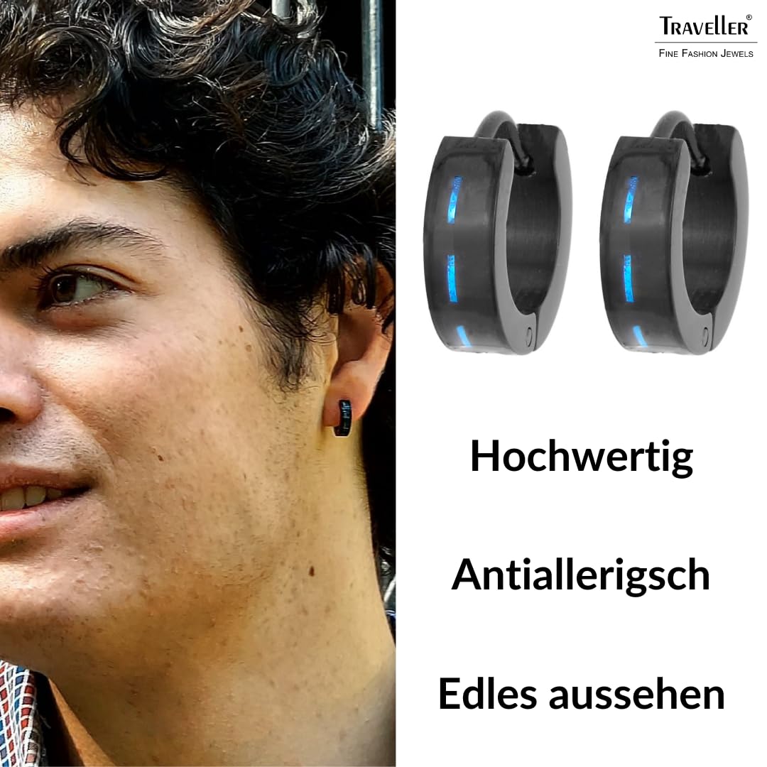 Traveller Orecchini a cerchio da uomo, in acciaio inox, colore nero e carbonio