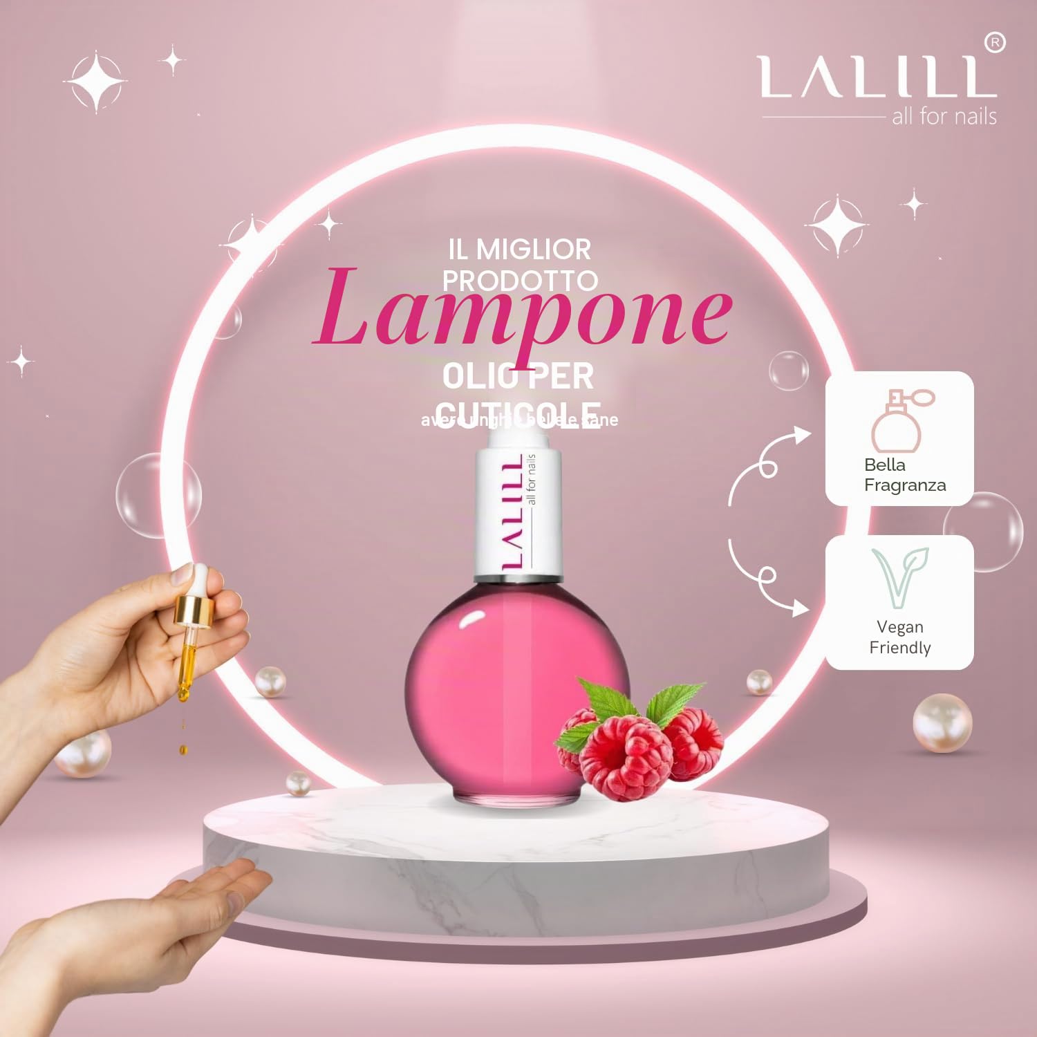 LALILL Olio per Cuticole e Unghie 75ml – Lampone – Flacone con Pipetta – Idratante, Rigenerante – Uso Professionale e Domestico