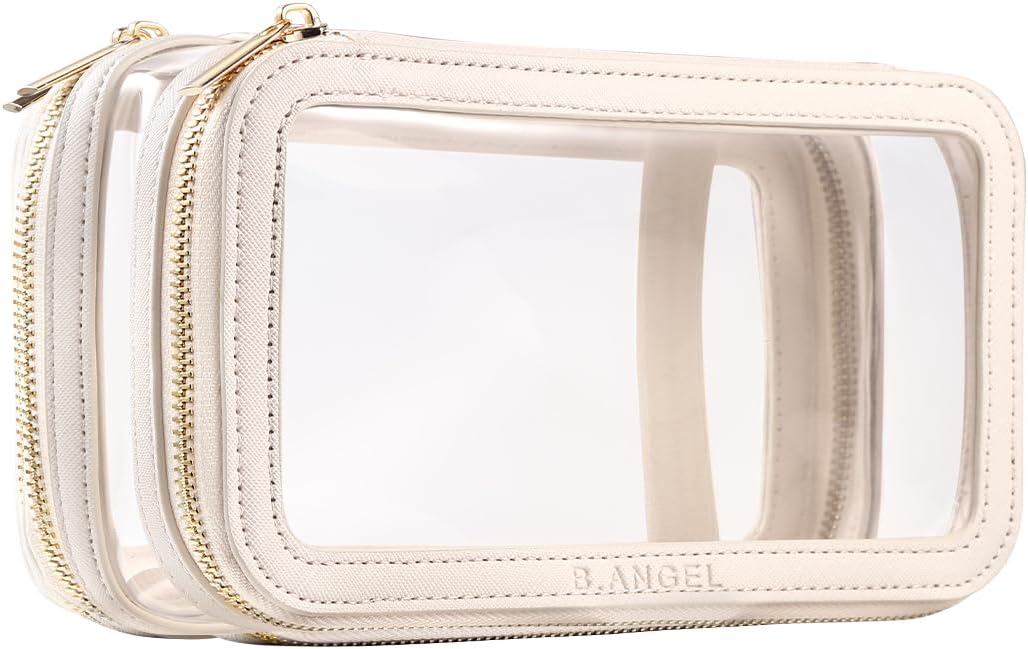 B.ANGEL Clear Makeup Bag, Double Layer Cosmetic Bag Travel Toiletry Bag, Car Make up Bags Organizer with Zipper for Women.(White)