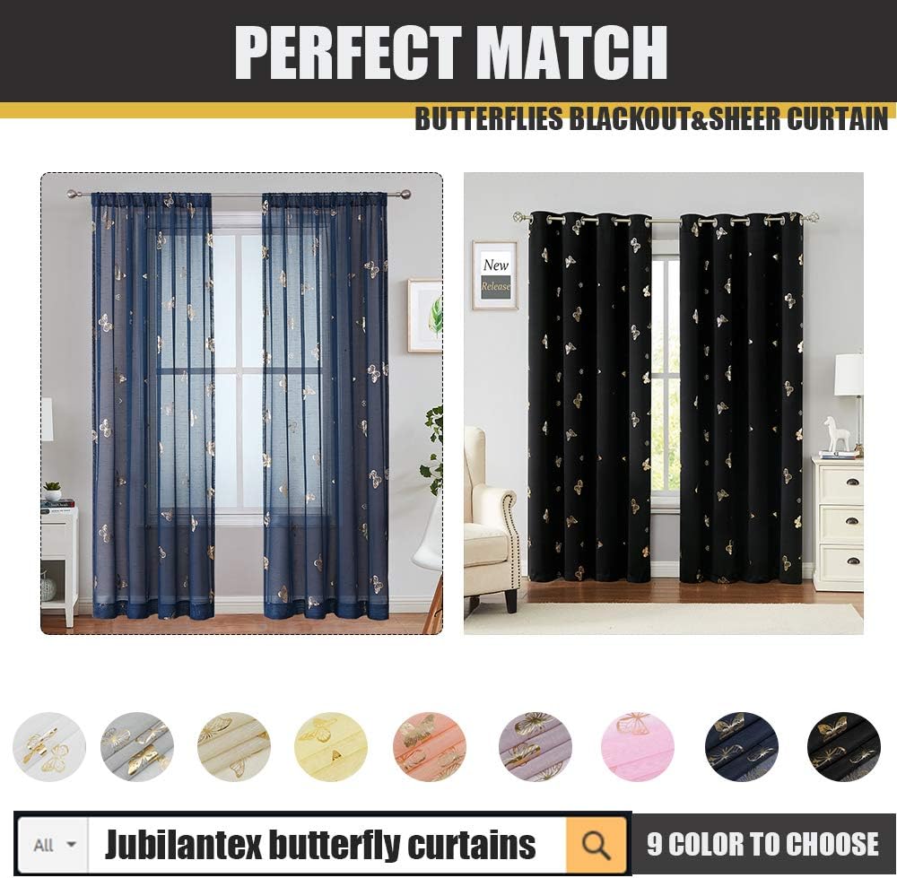 Jubilantex Butterfly Sheer Curtains Navy Blue Drapery with Gold Print Pattern 95 Inch Long, Kids Nursery Bedroom Voile Linen Textured Curtain Rod Pocket Window Drapes, 2 Panels