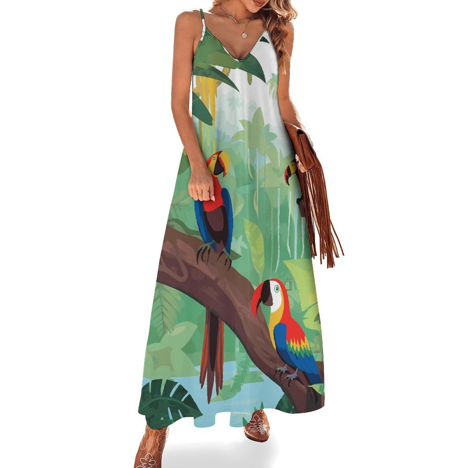 Macaw and Toucan Perching of American Rainforests Women's Maxi Dresses 2026 V Neck Sleeve…