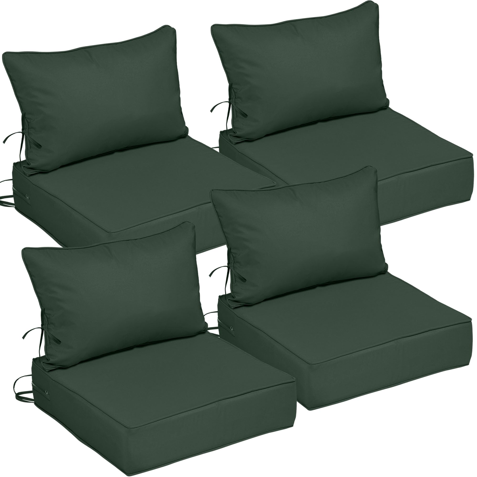 25.6x25.6 Outdoor Chair Cushions 4 Set, Waterproof Deep Seat Cushions for Patio Furniture with Removable Cover, Fade Resistant 4'' Outdoor Seat Cushion w/ Ties&amp;Handle for Sofa Loveseat, Dark Green