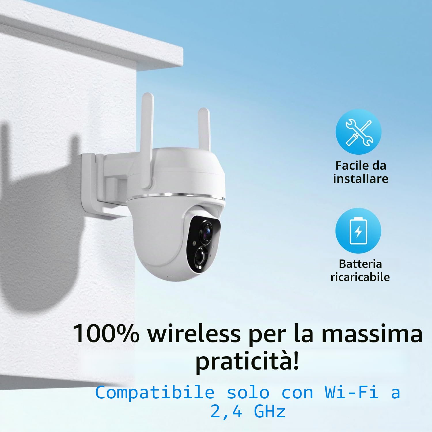 Vicohome 2K Telecamere di Sicurezza Solari Wireless WiFi per Esterni, PTZ a 355°, Alimentazione Solare e a Batteria, Rilevamento del Movimento PIR, Visione Notturna a Colori 3MP, Impermeabile IP65