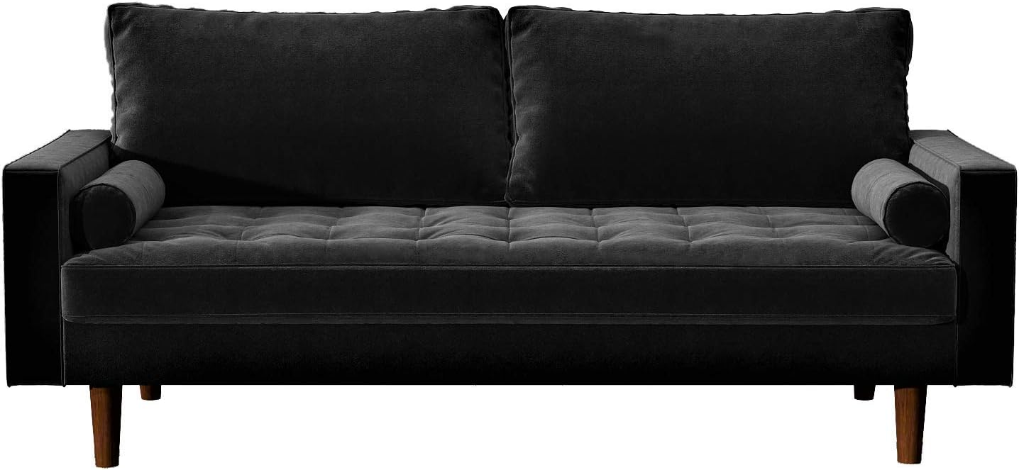 Container Furniture Direct Womble Mid Century Modern Velvet Upholstered Tufted Seat with Bolster Pillows, Sofa, Midnight