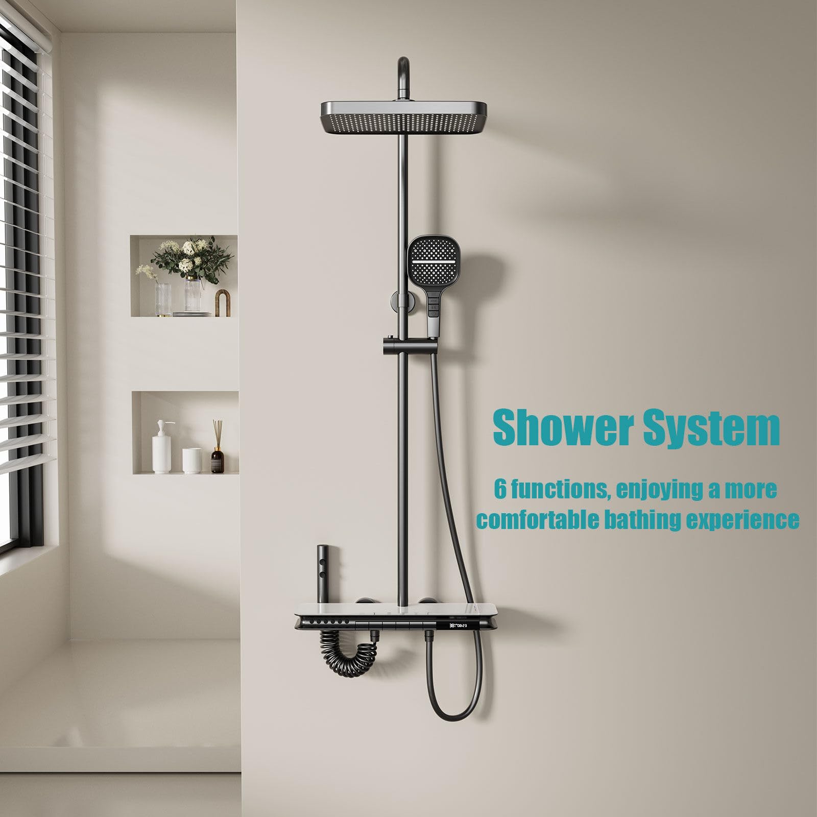 BEITH Sistema de Ducha Termostático, Moderno Lujoso 6 Funciones Columna de Ducha con Masaje Corporal, Lluvia, Cascada Cuadrado Set De Ducha con Grifo, Teclas del Piano, Pantalla Digital, Altura Fija