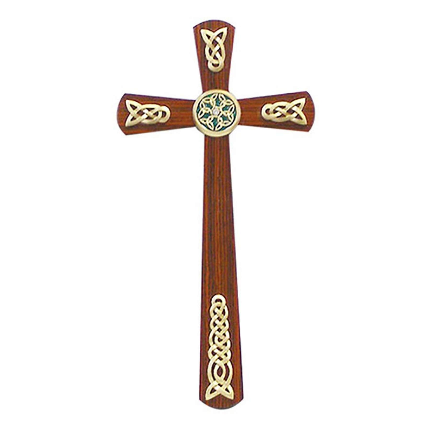 Walnut Wood Cross with Gold Tone Celtic Plaque Adornments and Stones, 12 Inch