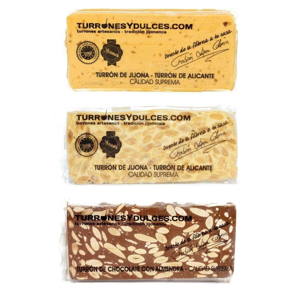 Lote de 3 Turrones Artesanos en Caja de Madera (Jijona, Alicante y Chocolate con Almendras) 3x300g (900g total)