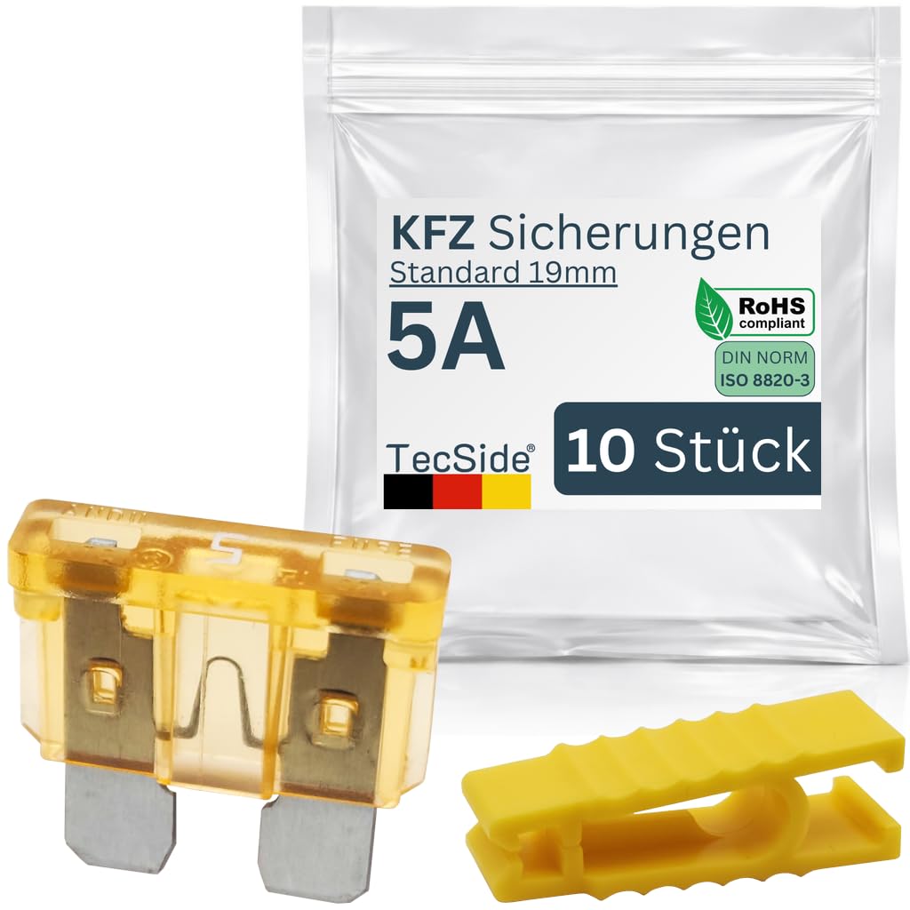 Car Fuses 5 A, Pack of 10 + Fuse Puller, Plug Fuses for 12 V, 24 V, 32 V, 19 mm Blade Fuses in Accordance with DIN ISO 8820-3, for Boat, Motorcycle, Motorhome & Scooter, Car Fuse, Beige