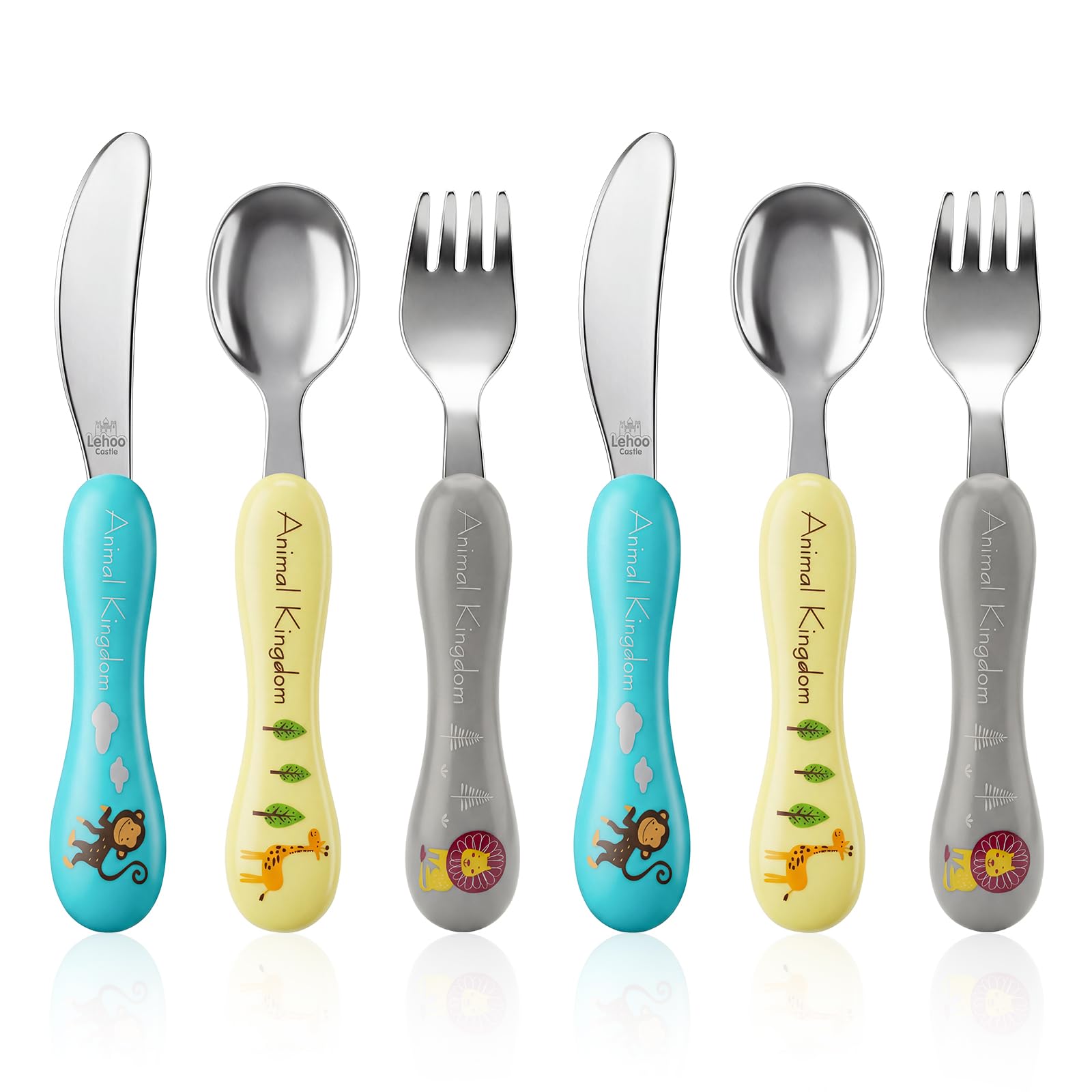 Lehoo Castle Couverts Enfant 6 Pièces, Couverts pour Bébé, 2 x Cuillères, 2 x Fourchettes, 2 x Couteaux, Set Couvert Bebe pour Garçons Filles