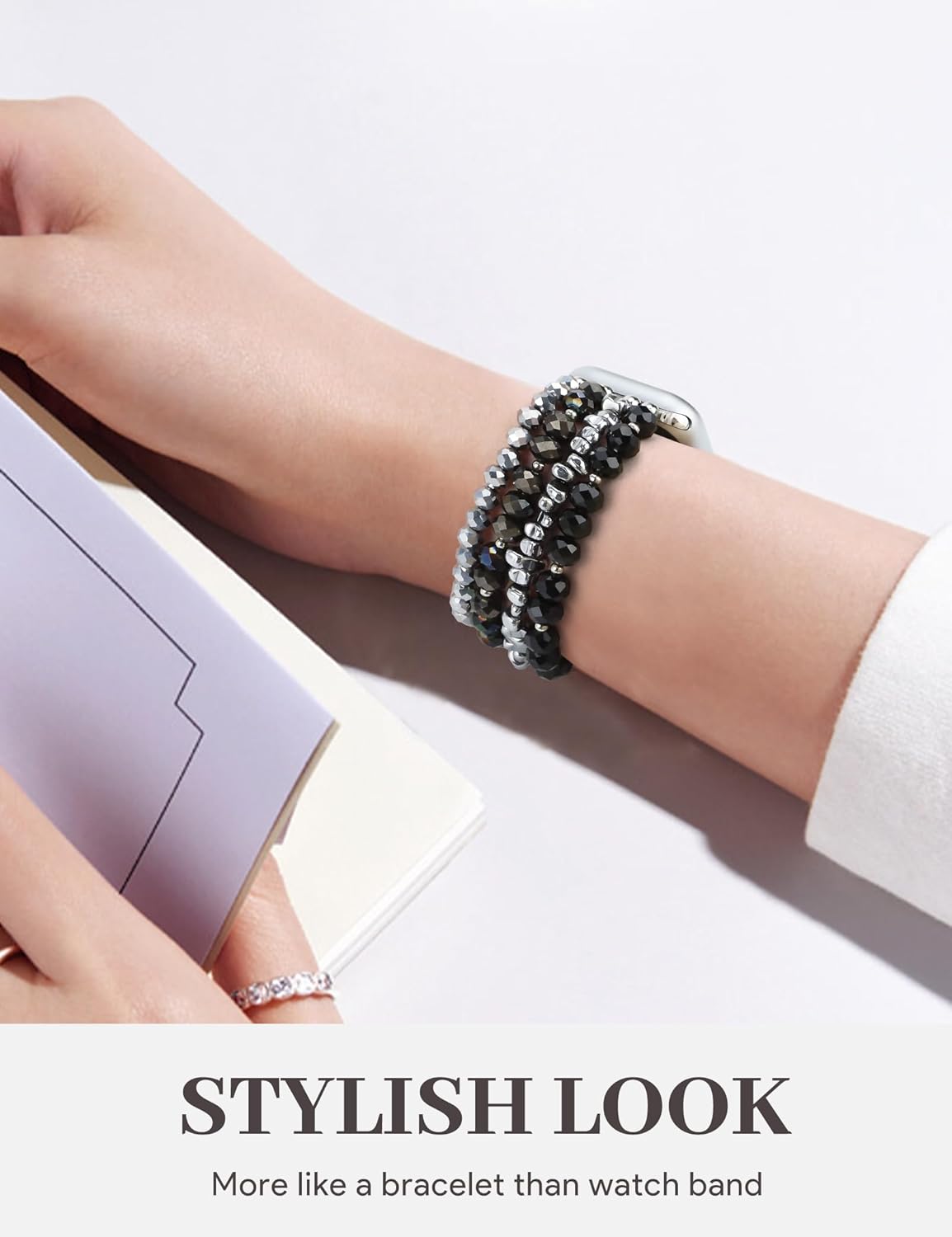 JR.DM Beaded Bracelet Bands Women Compatible with Apple Watch 38mm 40mm 41mm 42mm(S10/11) Stretch Handmade Dressy Crystal Strap Replacement for iWatch Series 11/10/9/8/7/6/5/4/3/2/1/SE, Black Silver - Image 6