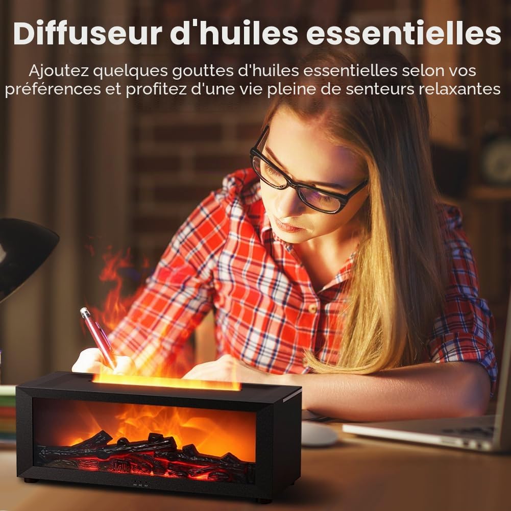 Diffuseur d'arôme flamme, diffuseur d'huile parfumée pour huiles essentielles avec lumière 7 couleurs effet flamme, diffuseur d'huiles essentielles avec cheminée LED, avec télécommande et minuterie