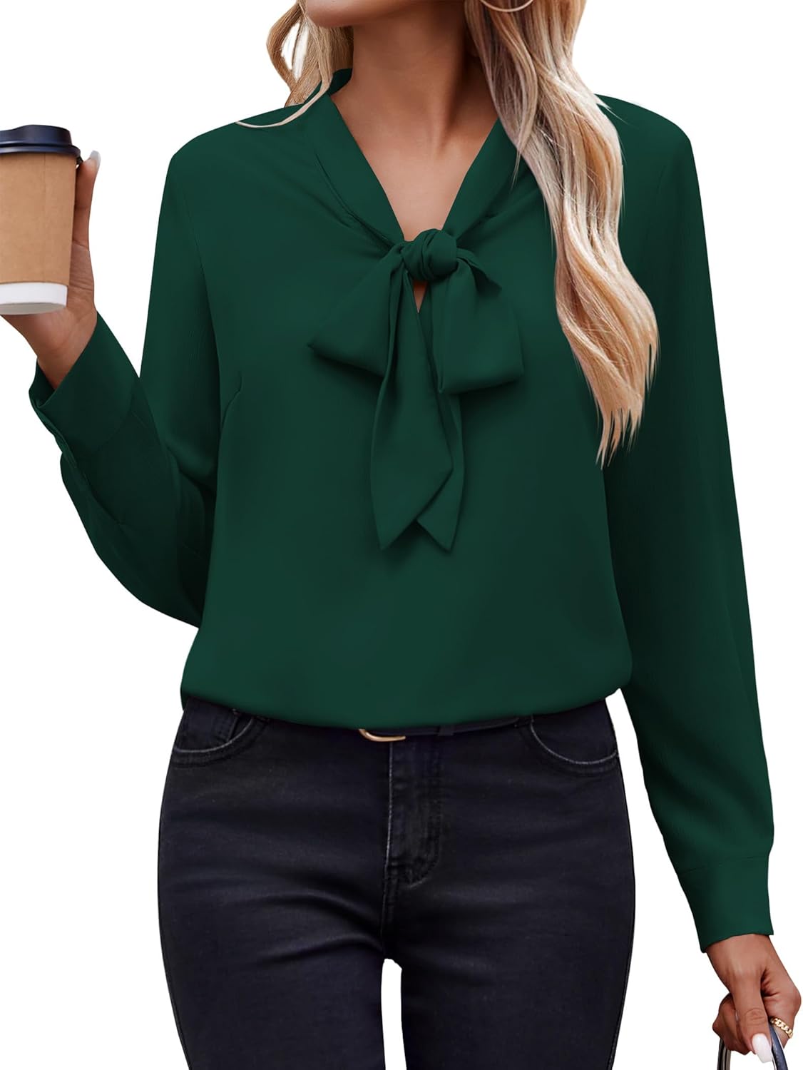 Zeagoo Womens Blouses Chiffon Long Sleeve Shirts Bow Tie Neck Work Tops Business Casual Outfits