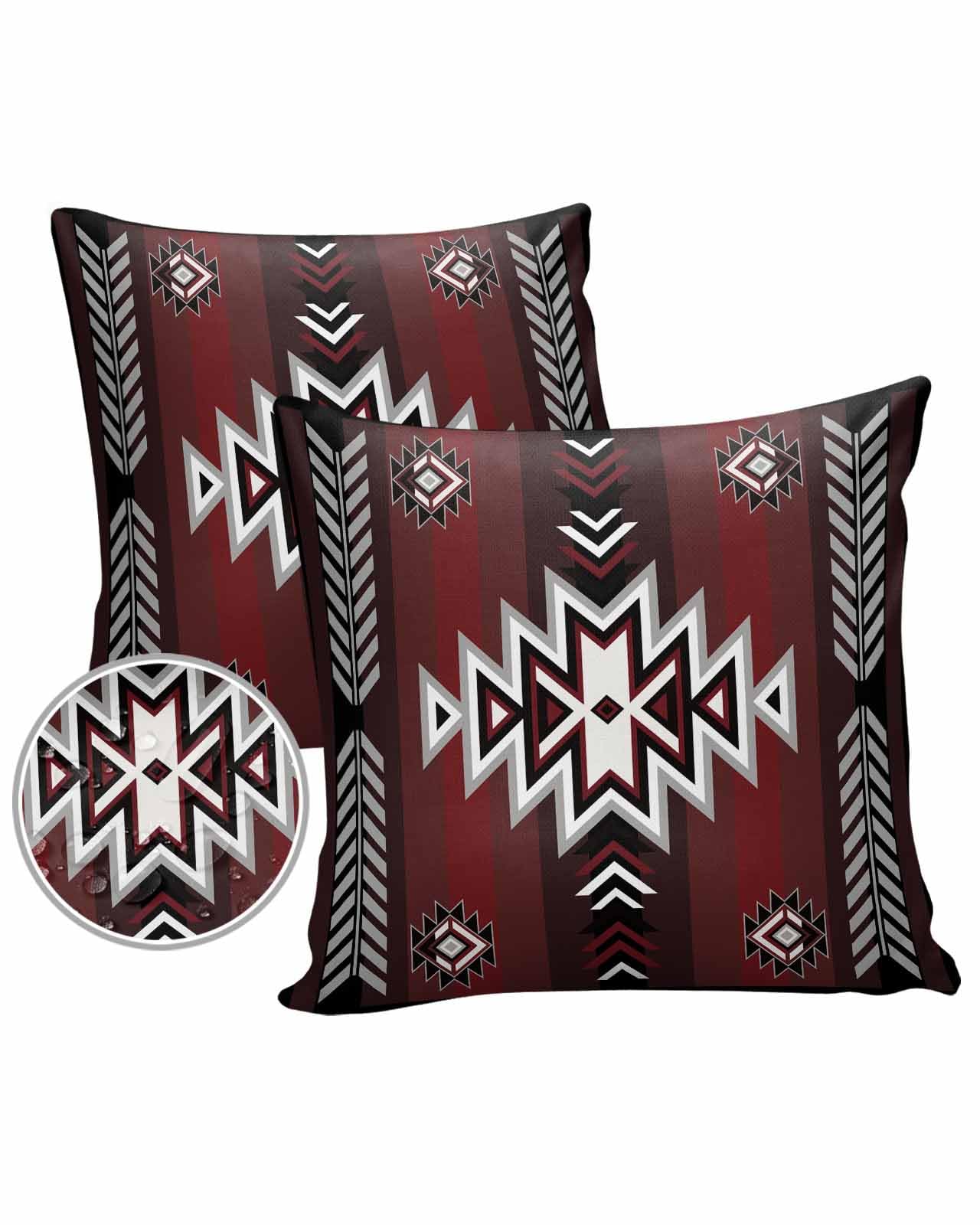 Boanket Outdoor Pillow Covers 16 x 16 Inches, Southwestern Red Black Waterproof Throw Pillow Cover Set of 2, Boho Ethnic Geometric Home Decorative Square Cushion Covers for Patio/Tent/Couch/Garden