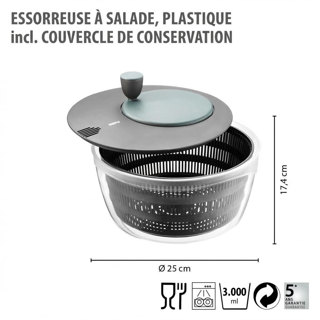 GEFU Essoreuse à salade avec couvercle fraîcheur | Bol en plastique de 3 l avec tamis et manivelle | Noir/gris