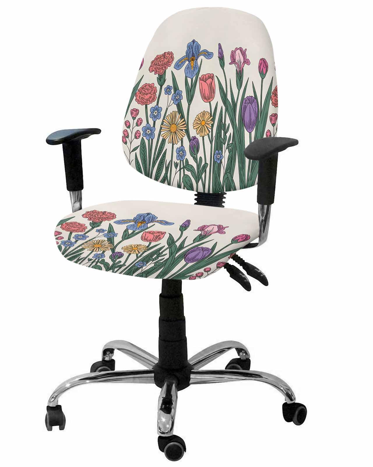 Colorful Flowers 2 Pieces Computer Office Chair Covers Set,Stretchable Desk Rotating Chair Seat Cushion Slipcover Back Covers,Farmhouse Vintage Botanical Floral Herbs Slipcover Back Cover Protector
