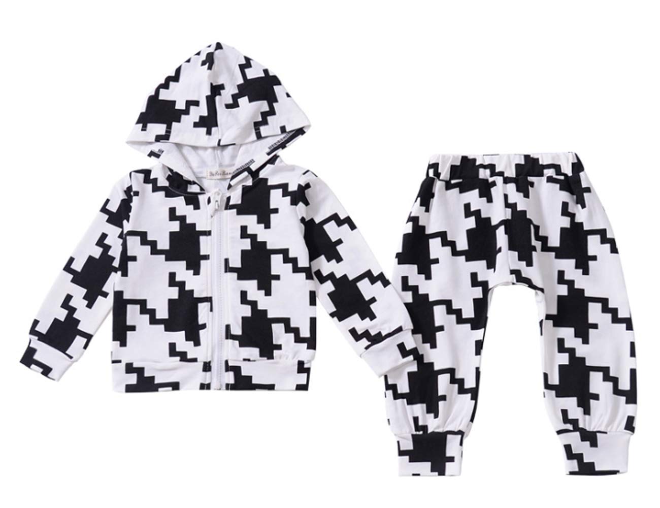 Ding Dong Baby Tollder Kid Boys Girl Mosaic Zipper Hooded Tops+ Harem Pants Outfit(5T) White