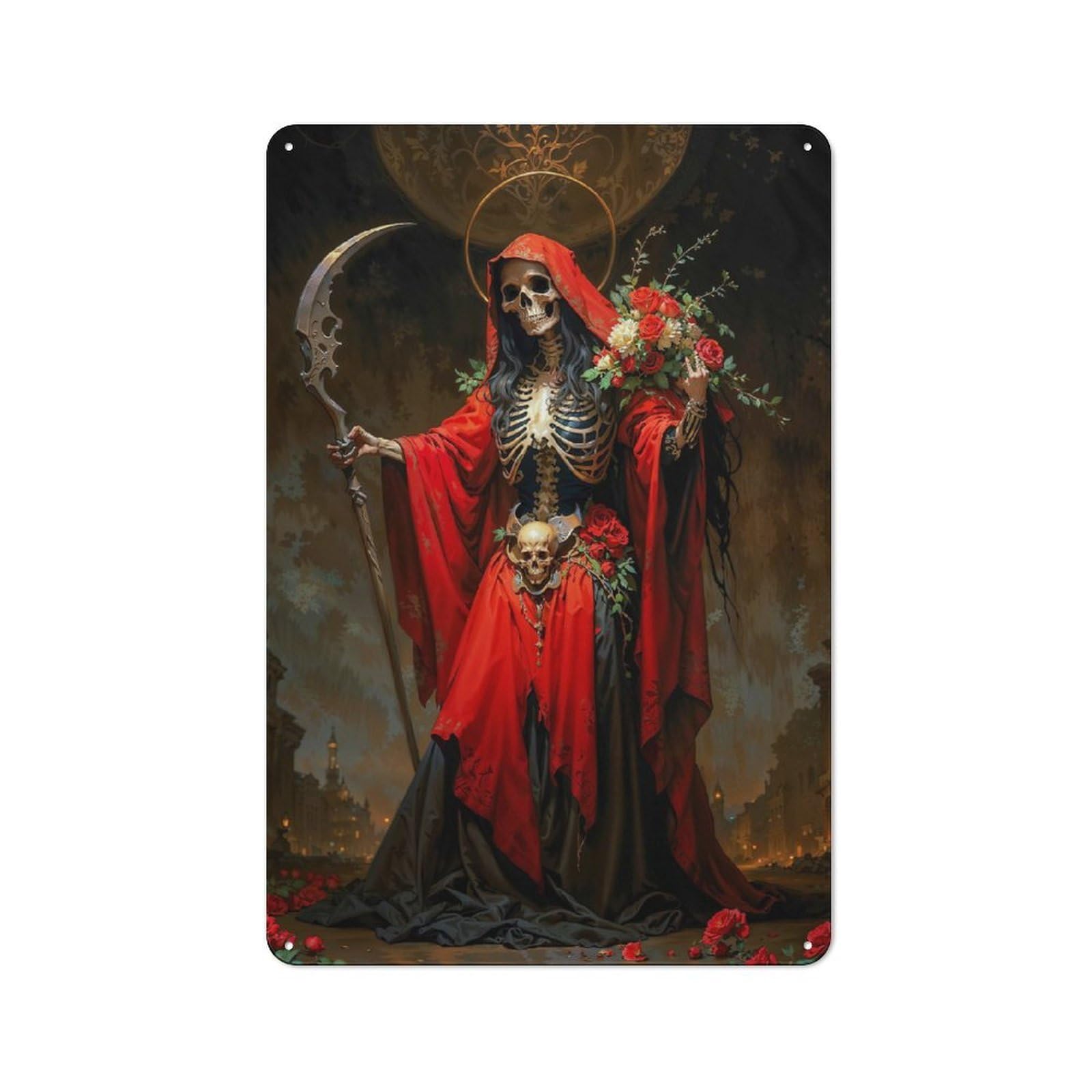 Junmoney Red Santa Muerte With Roses Simple Retro Tin Sign 30X20cm, Office Wall Decor For Hobby Room, Office, Lounge Or Living Room