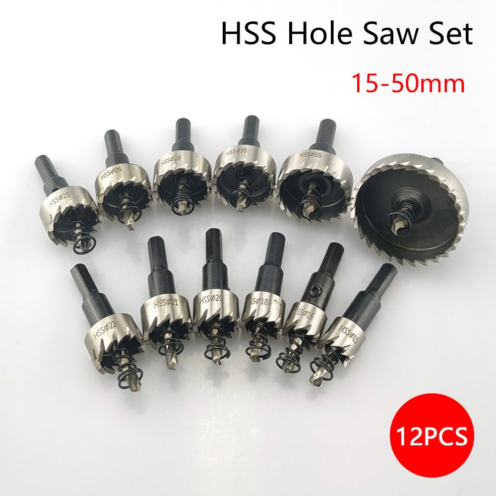 Juego de sierras perforadoras de 12 piezas de 15-50 mm Corona de perforación de brocas de acero de alta velocidad para herramientas de corte de madera de acero inoxidable de aleación de metal, 15,50