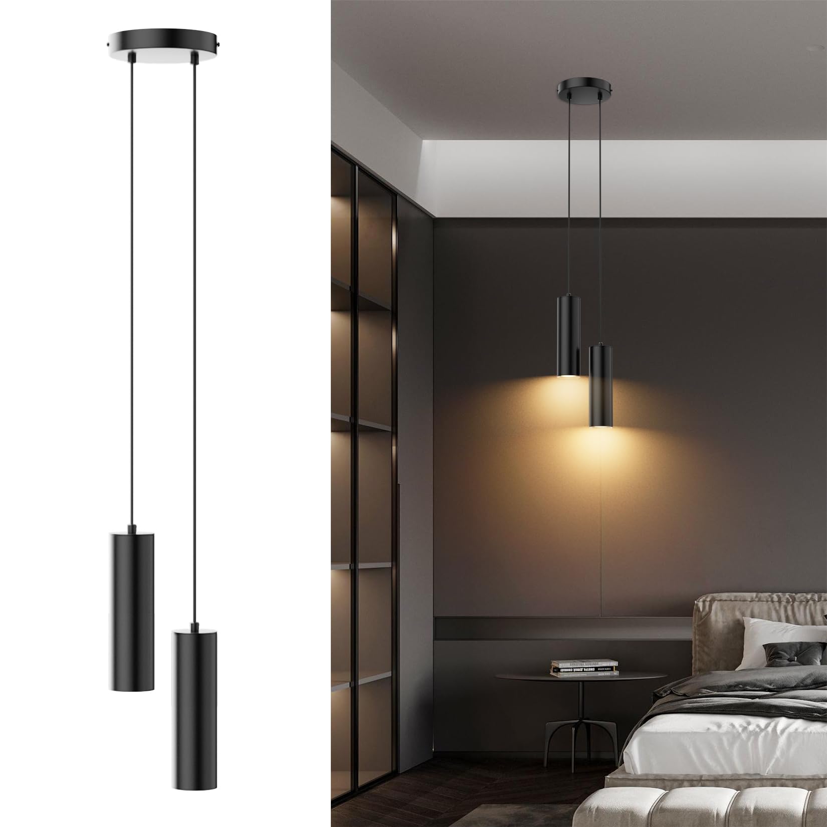 Klighten Pendelleuchte GU10 Zylinder, 2 Flammig Hängelampe, Hängeleuchte Höhenverstellbar Pendellampe für Küche Schlafzimmer Esstisch Wohnzimmer, Schwarz, Ohne Leuchtmittel