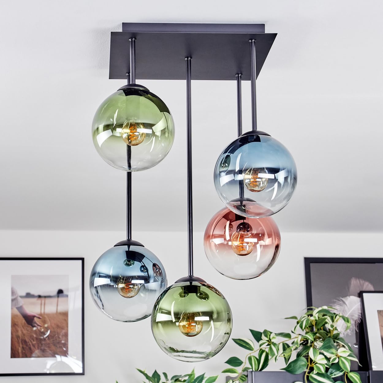 HOFSTEIN Deckenleuchte Gastor, 5-flammige Deckenlampe aus Metall/Glas in Schwarz/Blau/Grün/Kupfer/Klar, Leuchte im Retro/Vintage-Design (Schirme Ø 15 cm), E14, Esszimmer, Wohnzimmer, Schlafzimmer