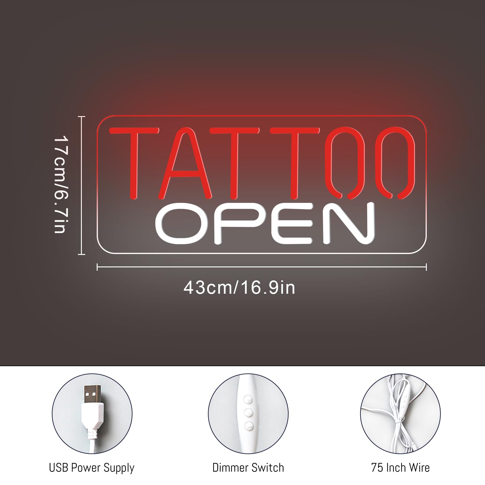 TATTOO OPEN Cartel de neón para decoración de pared, luz LED de neón regulable para salones de tatuaje, llamativo letrero de neón para bares, pubs, hoteles, salas de hombres, salas de ocio y salas de