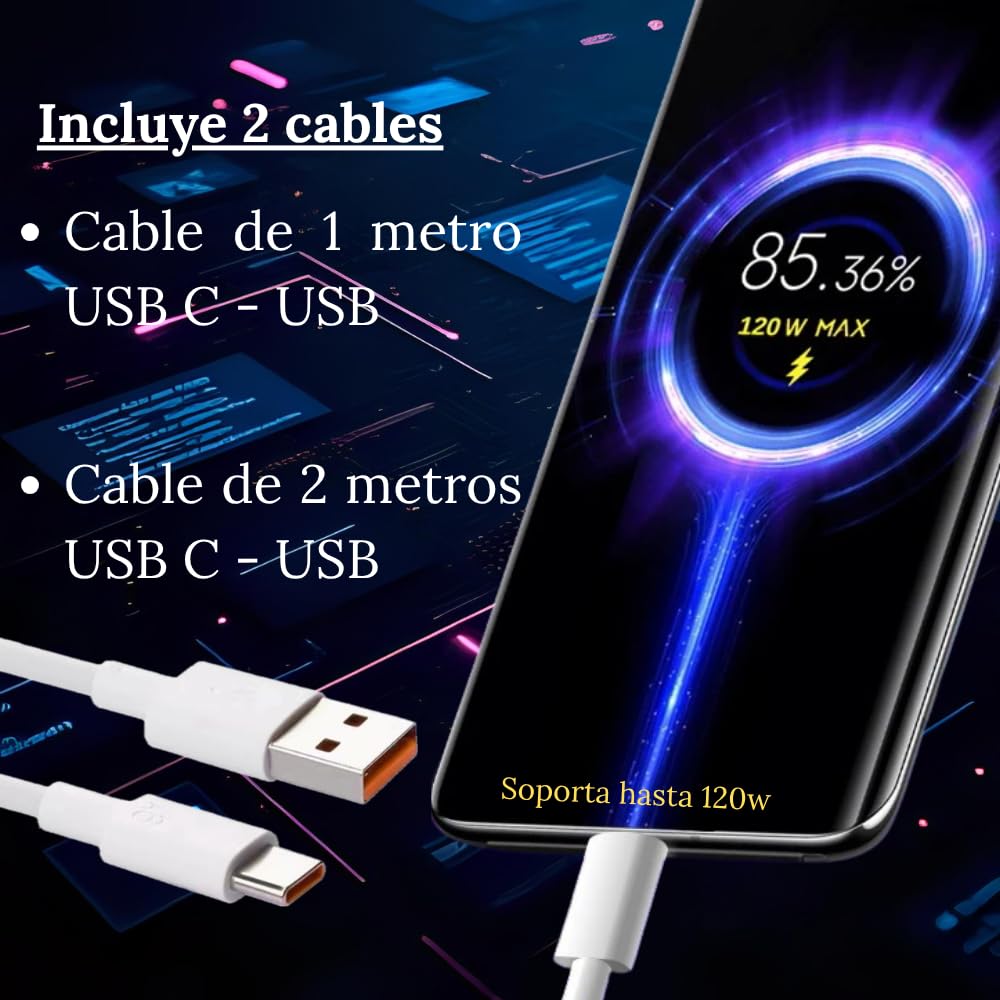 Cable USB C carga rápida 120W a USB [Pack 2m + 1m] 3A tipo C compatible con Iphone, Xiaomi, Samsung, Oppo, Huawei, Google Pixel, Carplay, Play Station, Nintendo Switch y transferencia datos 480Mbps