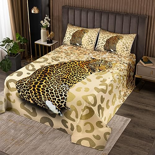 Manfei 3D Geparden Tagesdecke L Größe Gold Glitter Leopard Druck Bettwäsche Set Kinder Mädchen Jungen Frauen Zimmer Dekor Wilde Tiere Tröster Set Luxuriöse romantische Quilt Coverlet,2 Kissenbezug